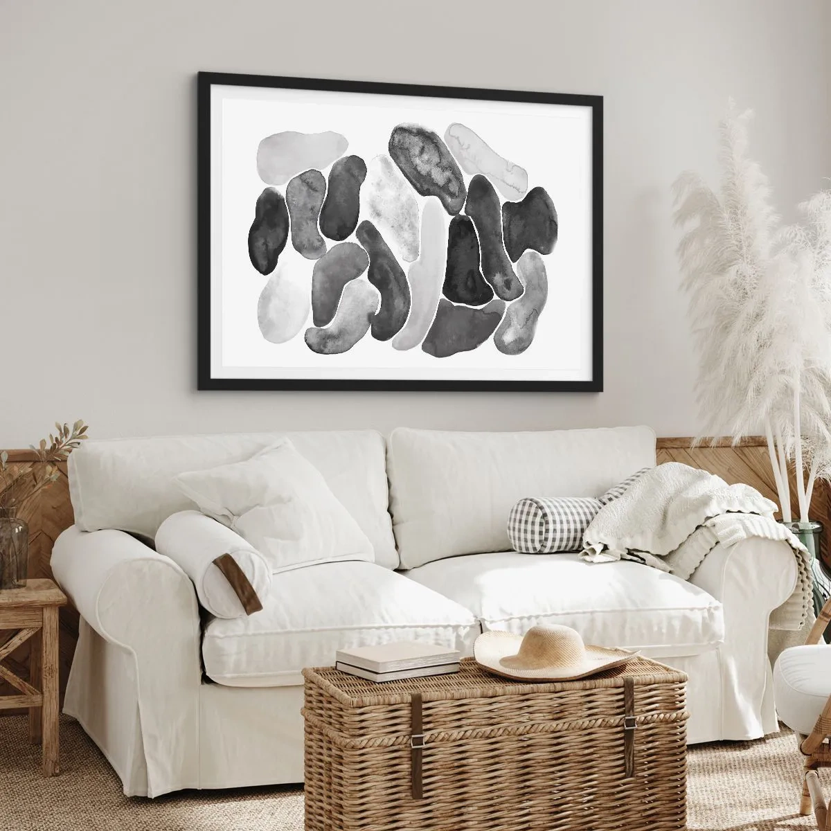Póster en marco negro - Abstracción en blanco y negro con manchas irregulares sobre un fondo blanco. - 70x50cm - Abstracción pétrea - Decoración de pared moderna para salón y dormitorio ARTTOR