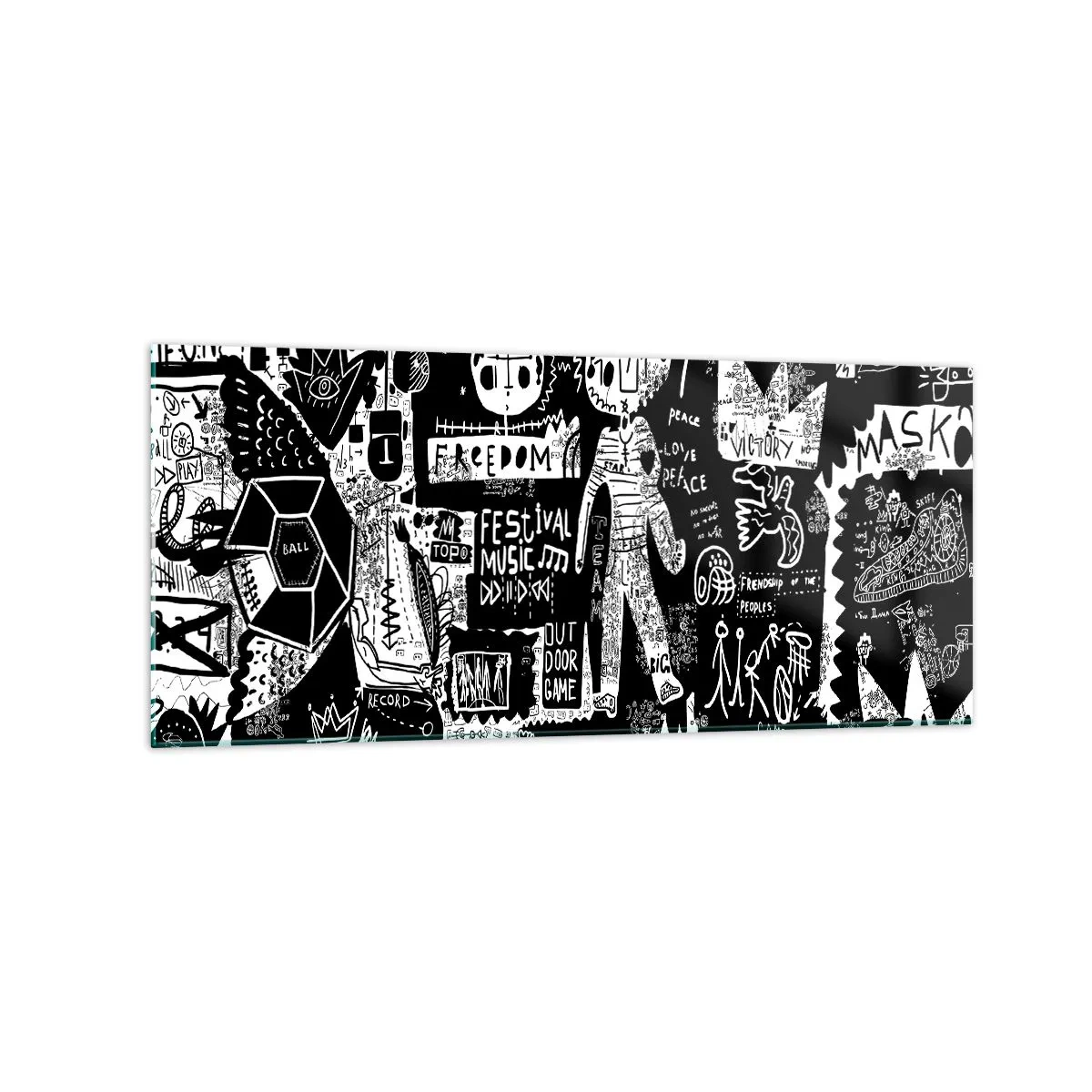 Cuadro sobre vidrio - Impresiones sobre Vidrio - Collage en blanco y negro inspirado en el arte callejero - 120x50cm - La juventud espiritual de la ley y la alegría - Decoración de pared moderna para salón y dormitorio ARTTOR