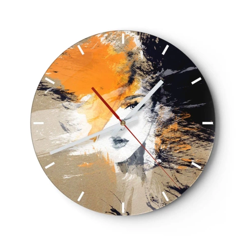 Reloj de pared - Reloj de vidrio - Retrato abstracto de una mujer en tonos cálidos de naranja y beige. - 30x30cm - Y se convierte en luz - Decoración de pared moderna para salón, cocina y dormitorio ARTTOR
