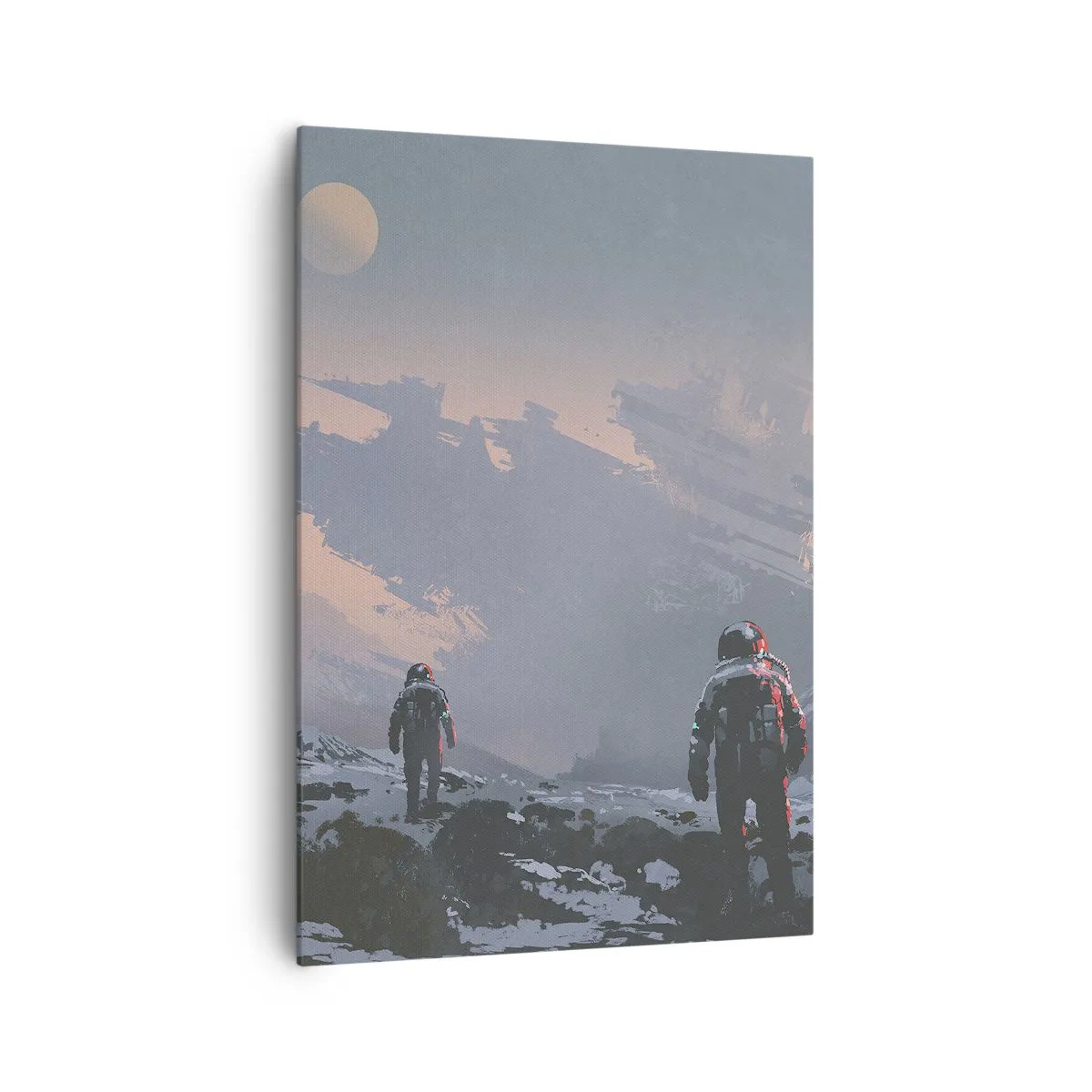 Cuadro sobre lienzo - Impresión de Imagen - Astronautas en un planeta alienígena con una nave espacial destrozada - 70x100cm - Bajo una estrella desconocida - Decoración de pared moderna para salón y dormitorio ARTTOR