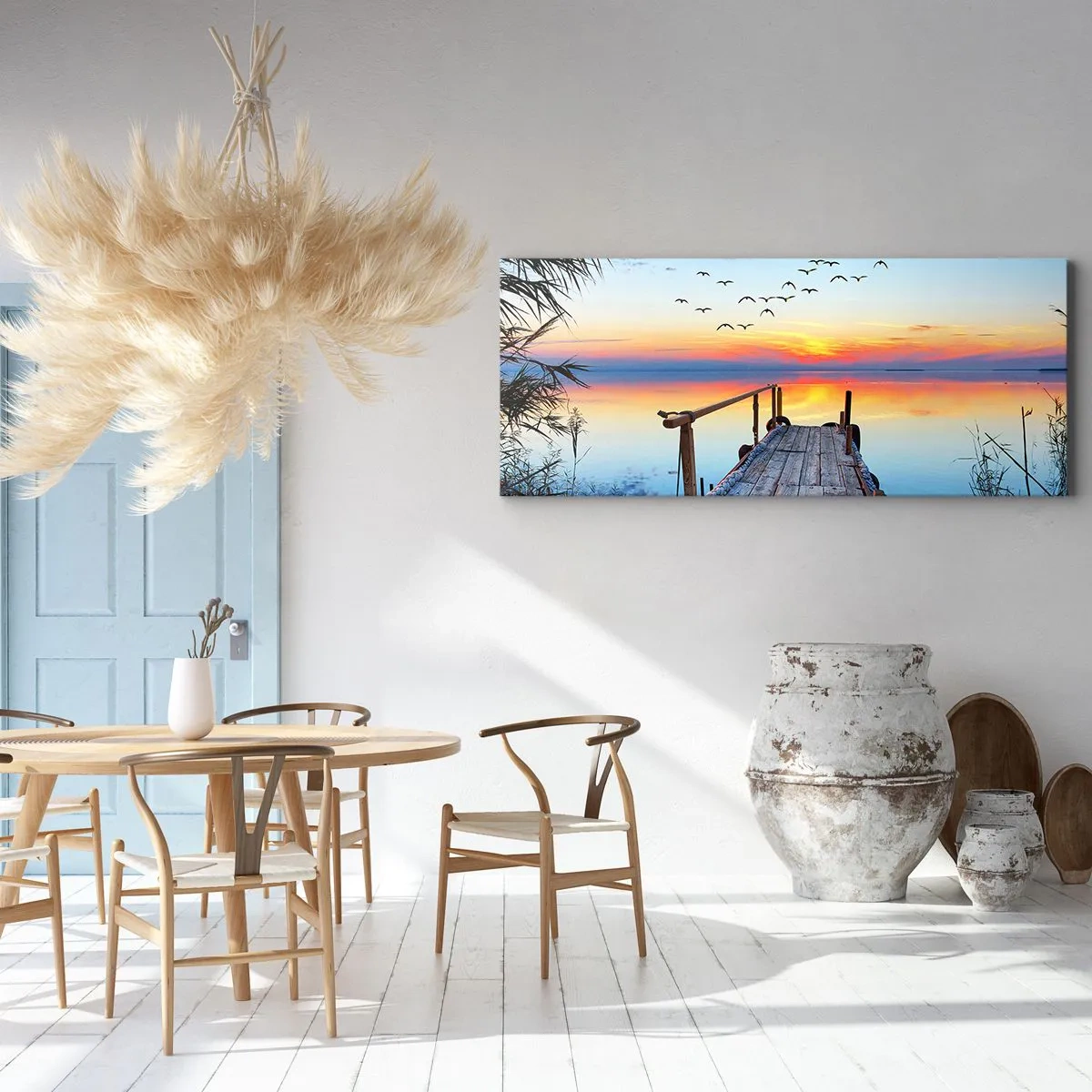 Cuadro sobre lienzo - Impresión de Imagen - Muelle de madera sobre el lago al atardecer - 140x50cm - Es hora de volver... - Decoración de pared moderna para salón y dormitorio ARTTOR