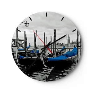 Reloj de pared - Reloj de vidrio - Góndolas blancas y negras con cubiertas azules en Venecia - 30x30cm - Venecia en el pensamiento - Decoración de pared moderna para salón, cocina y dormitorio ARTTOR