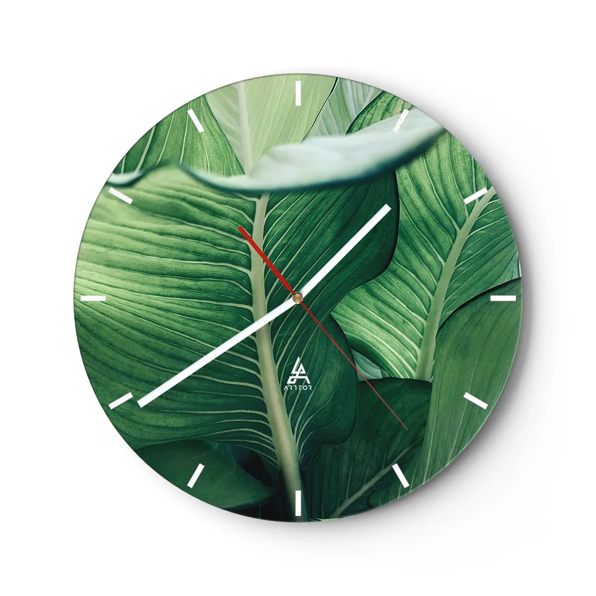 Reloj de pared - Reloj de vidrio - Primer plano de hojas tropicales de un verde intenso - 30x30cm - Vida intensamente verde - Decoración de pared moderna para salón, cocina y dormitorio ARTTOR