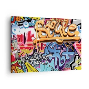 Cuadro sobre lienzo - Impresión de Imagen - Grafiti colorido con inscripciones e ilustraciones dinámicas. - 70x50cm - Grafiti, el arte urbano - Decoración de pared moderna para salón y dormitorio ARTTOR