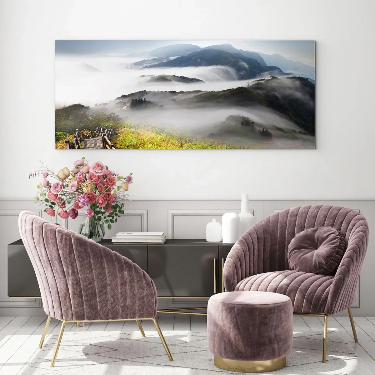 Cuadro sobre vidrio - Impresiones sobre Vidrio - Un sendero de madera entre las montañas brumosas por la mañana. - 140x50cm - Tejido de resplandor y niebla - Decoración de pared moderna para salón y dormitorio ARTTOR