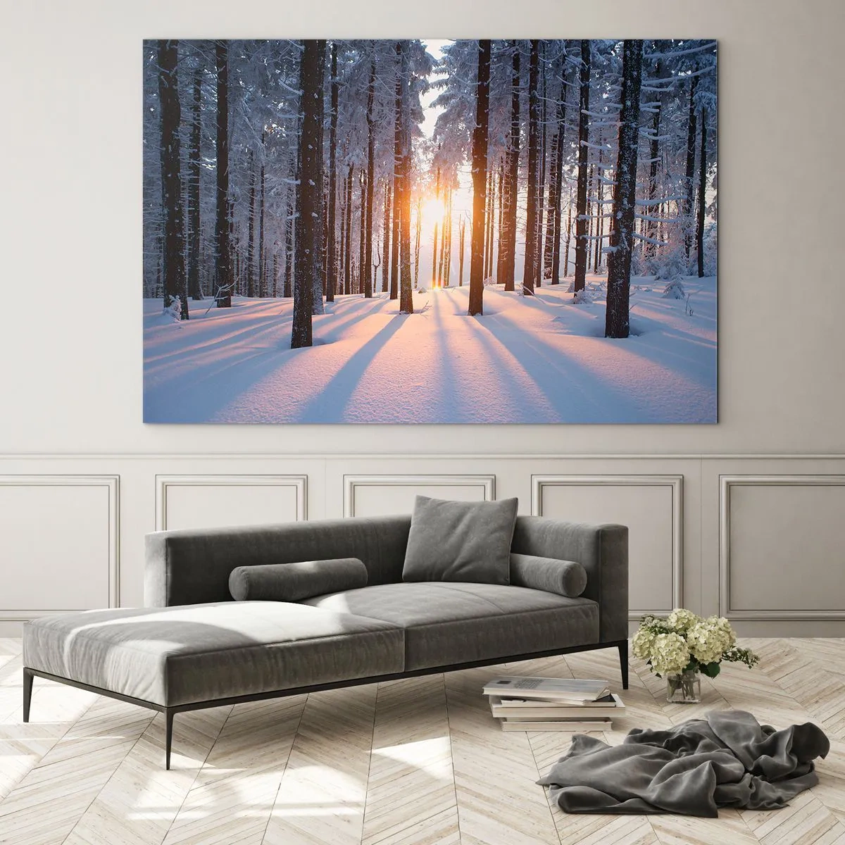 Cuadro sobre vidrio - Impresiones sobre Vidrio - Bosque invernal con rayos de sol brillando a través de los árboles. - 120x80cm - Claramente en blanco y negro - Decoración de pared moderna para salón y dormitorio ARTTOR