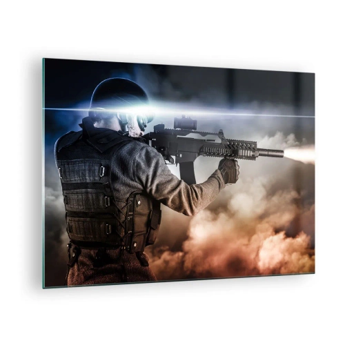 Cuadro sobre vidrio - Impresiones sobre Vidrio - Un soldado en acción disparando un rifle contra un fondo de humo. - 70x50cm - Luchador - Decoración de pared moderna para salón y dormitorio ARTTOR