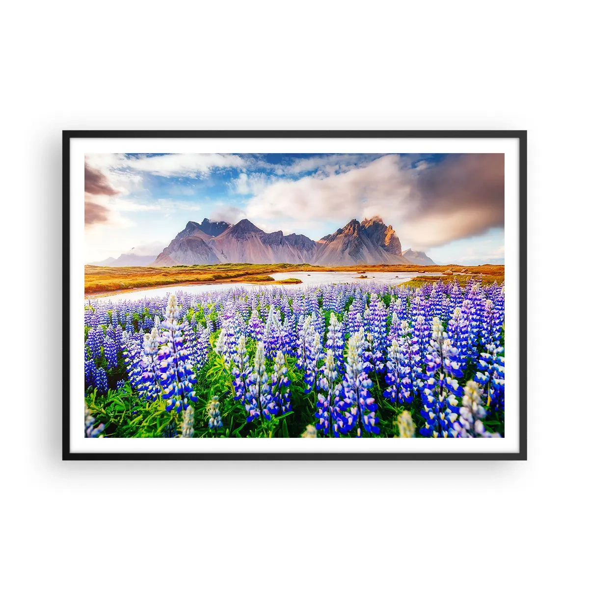 Póster en marco negro - Flores en un paisaje de montaña con un cielo pintoresco. - 100x70cm - La fuerza y la severidad junto a la dulzura - Decoración de pared moderna para salón y dormitorio ARTTOR