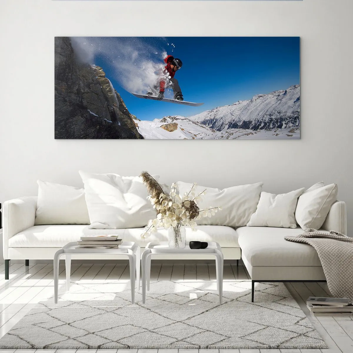Cuadro sobre vidrio - Impresiones sobre Vidrio - Un snowboarder salta desde una roca frente a un paisaje montañoso. - 160x50cm - Y te convertiste en parte del lugar - Decoración de pared moderna para salón y dormitorio ARTTOR