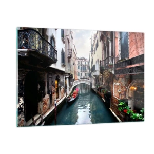 Cuadro sobre vidrio - Impresiones sobre Vidrio - Un canal veneciano con una góndola rodeada de edificios históricos. - 120x80cm - Paisaje veneciano con góndola y puente - Decoración de pared moderna para salón y dormitorio ARTTOR