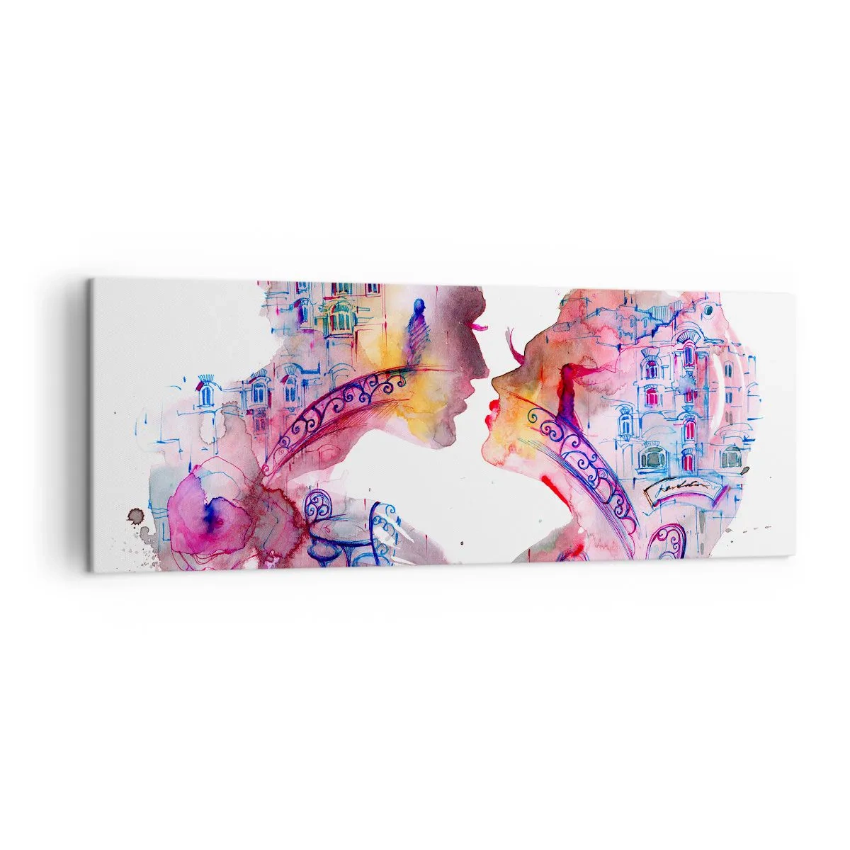Cuadro sobre lienzo - Impresión de Imagen - Una acuarela romántica que representa las siluetas de los amantes. - 140x50cm - Un puente secreto de suspiros - Decoración de pared moderna para salón y dormitorio ARTTOR