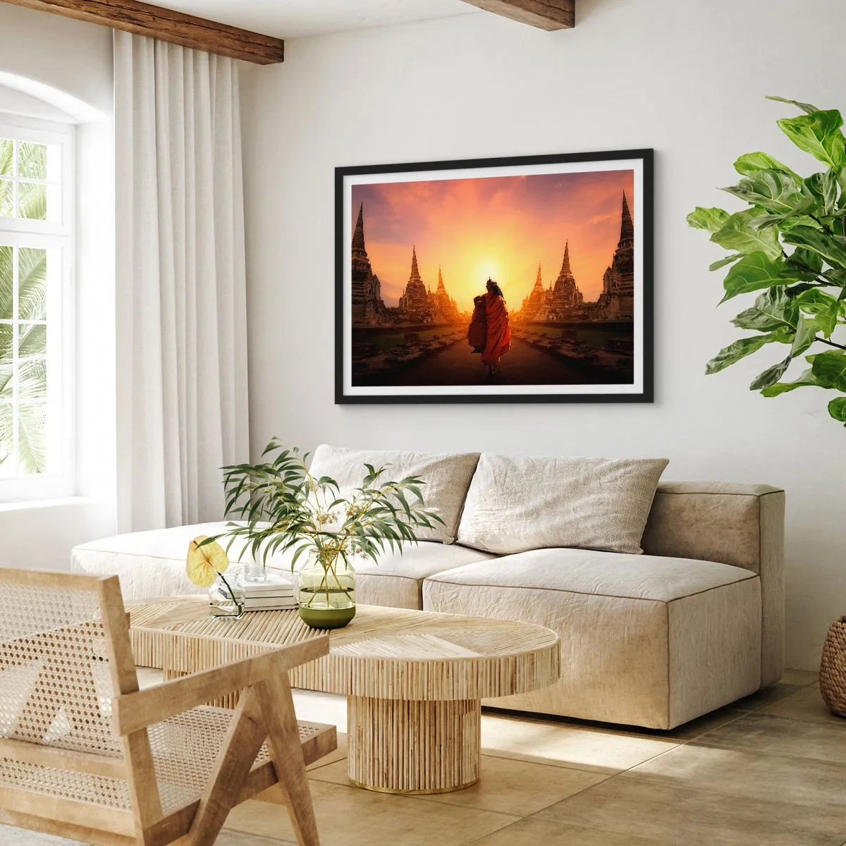 Póster en marco negro - Un monje entre los templos al atardecer. - 70x50cm - En paz por la eternidad - Decoración de pared moderna para salón y dormitorio ARTTOR