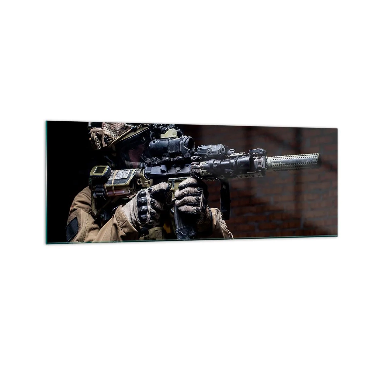 Cuadro sobre vidrio - Impresiones sobre Vidrio - Un soldado con equipo completo y un rifle. - 140x50cm - Mortalmente eficaz - Decoración de pared moderna para salón y dormitorio ARTTOR