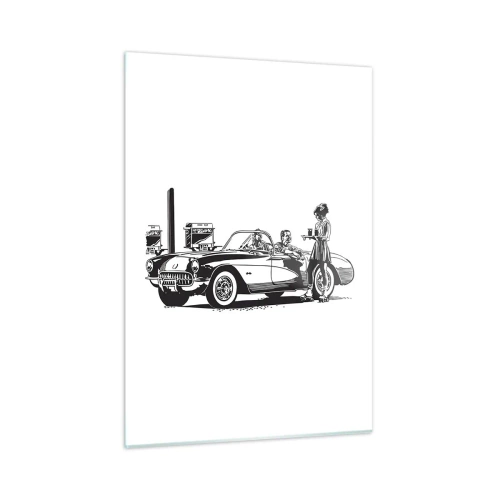 Cuadro sobre vidrio - Impresiones sobre Vidrio - Gráficos creativos con un coche clásico y personajes. - 50x70cm - Años 60 - la América despreocupada - Decoración de pared moderna para salón y dormitorio ARTTOR