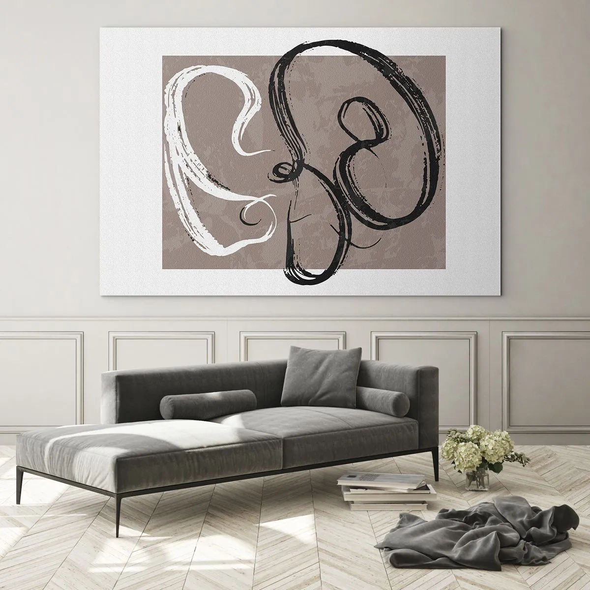 Cuadro sobre vidrio - Impresiones sobre Vidrio - Pinceladas dinámicas en blanco y negro sobre fondo beige. - 120x80cm - Composición: la búsqueda de la plenitud - Decoración de pared moderna para salón y dormitorio ARTTOR