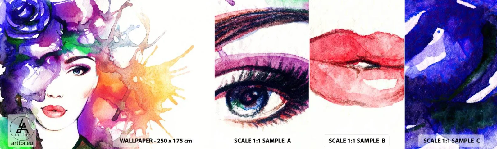 Muestra de fotomural autoadhesivo Deluxe Sticker - Con la cabeza en las nubes - Mujer, cara de mujer, Abstracción - 100x30 cm