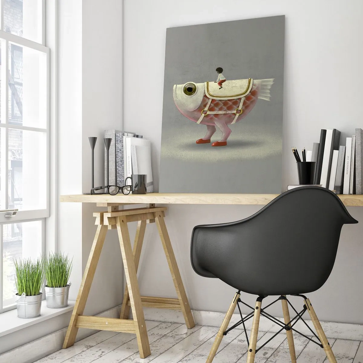 Cuadro sobre vidrio - Impresiones sobre Vidrio - Una figura montando un pez rosa con piernas y una silla de montar. - 50x70cm - Jinete del pescado - Decoración de pared moderna para salón y dormitorio ARTTOR
