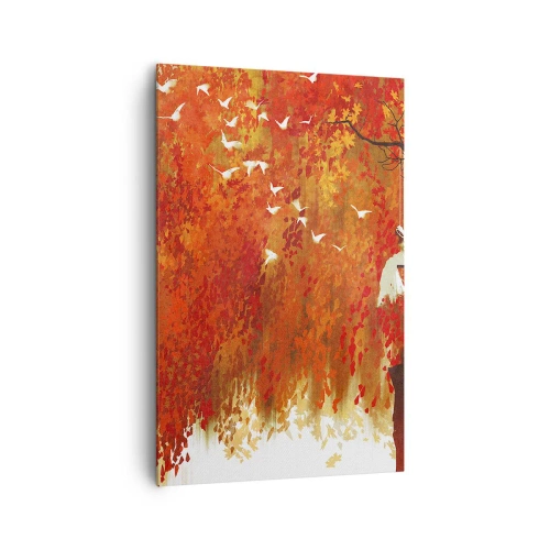 Cuadro sobre lienzo - Impresión de Imagen - Una figura en un columpio junto a un árbol rodeado de hojas rojas. - 80x120cm - ¿Volará con ellos? - Decoración de pared moderna para salón y dormitorio ARTTOR