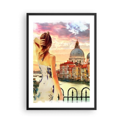 Póster en marco negro - Una mujer admira la vista de una ciudad histórica al atardecer. - 50x70cm - Escapada de fin de semana - Decoración de pared moderna para salón y dormitorio ARTTOR
