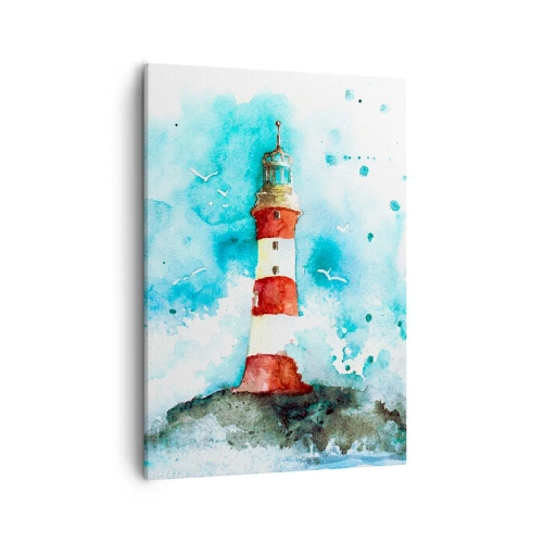 Cuadro sobre lienzo - Impresión de Imagen - Un faro en un entorno de acuarela con un fondo azul. - 50x70cm - La unidad de los elementos - Decoración de pared moderna para salón y dormitorio ARTTOR