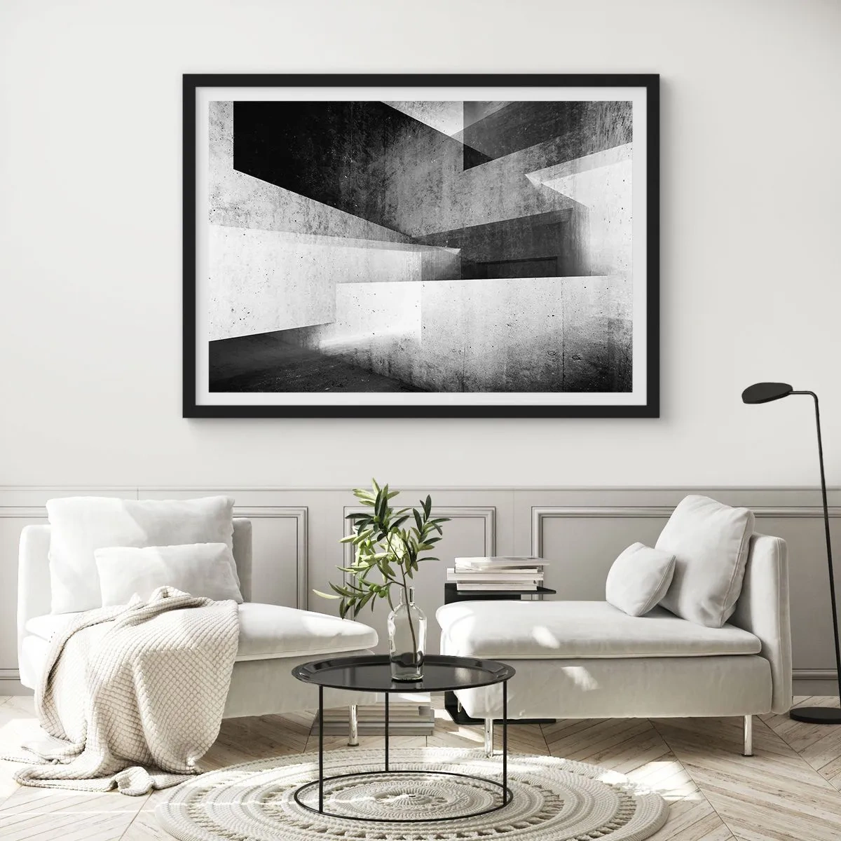 Póster en marco negro - Formas geométricas en una composición monocromática - 70x50cm - La estructura del espacio - Decoración de pared moderna para salón y dormitorio ARTTOR