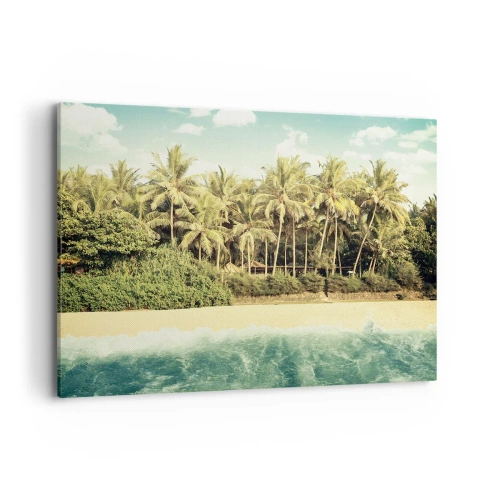 Cuadro sobre lienzo - Impresión de Imagen - Playa tropical con palmeras y mar turquesa. - 120x80cm - ¿Qué tal aquí? - Decoración de pared moderna para salón y dormitorio ARTTOR