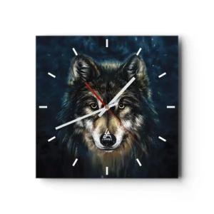 Reloj de pared - Reloj de vidrio - Retrato de un lobo sobre un fondo azul oscuro - 30x30cm - ¿Alfa? Y omega - Decoración de pared moderna para salón y dormitorio ARTTOR