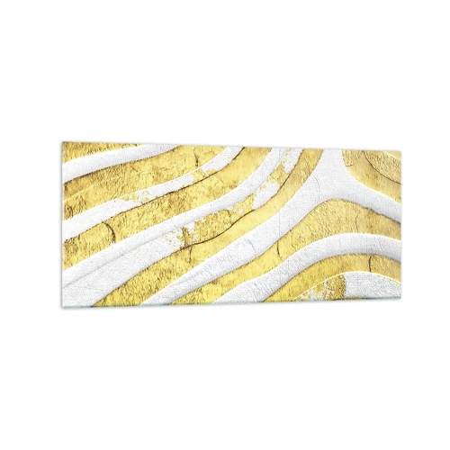 Cuadro sobre vidrio - Impresiones sobre Vidrio - Líneas abstractas doradas y blancas en una textura 3D - 120x50cm - Una composición en blanco y oro - Decoración de pared moderna para salón y dormitorio ARTTOR