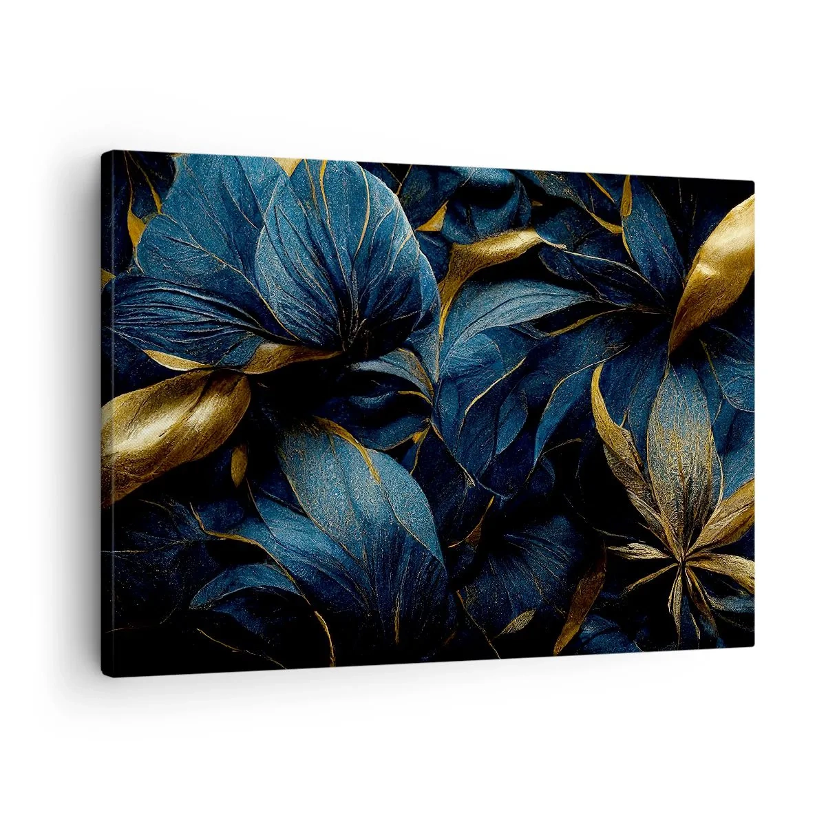 Cuadro sobre lienzo - Impresión de Imagen - Hojas elegantes en tonos dorados y azul marino. - 70x50cm - Forradas de oro - Decoración de pared moderna para salón y dormitorio ARTTOR