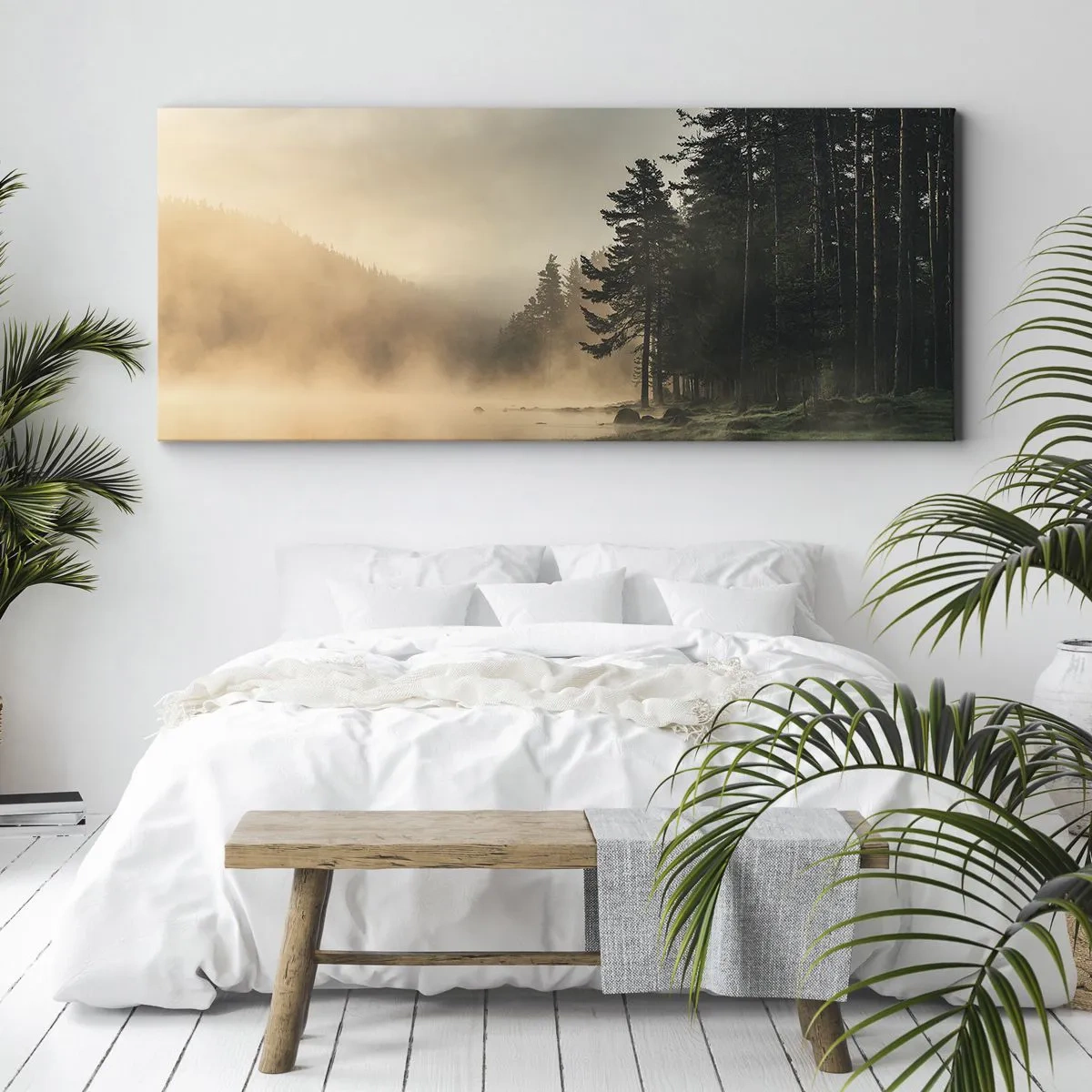 Cuadro sobre lienzo - Impresión de Imagen - Un bosque brumoso sobre un lago tranquilo. - 160x50cm - El nacimiento de un día - Decoración de pared moderna para salón y dormitorio ARTTOR