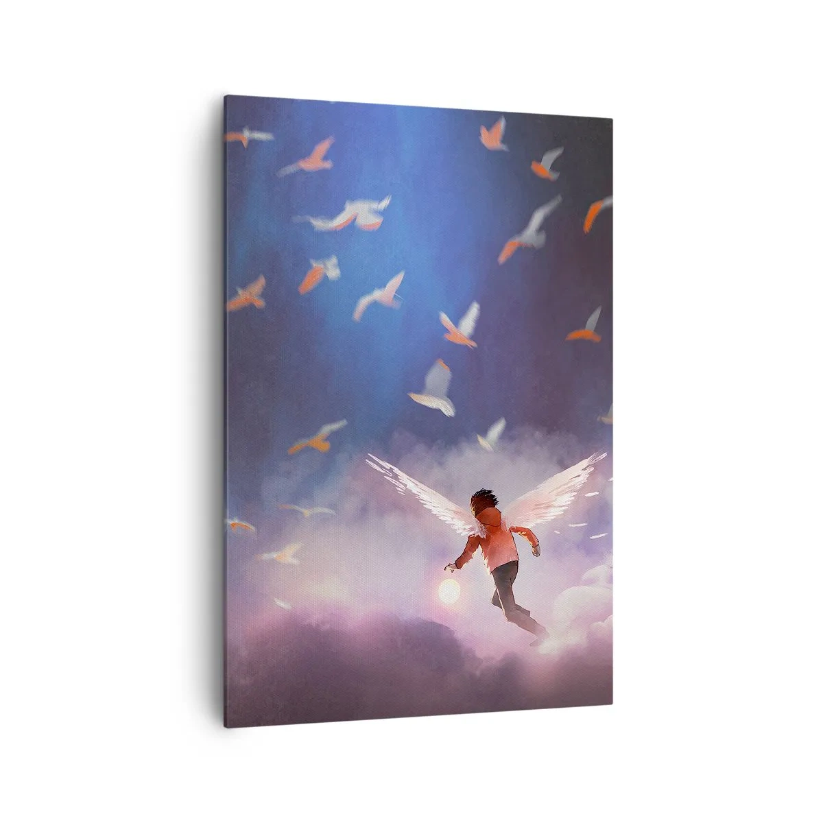 Cuadro sobre lienzo - Impresión de Imagen - Una figura con alas de ángel flotando entre pájaros en el cielo. - 70x100cm - Imaginación y valor - Decoración de pared moderna para salón y dormitorio ARTTOR