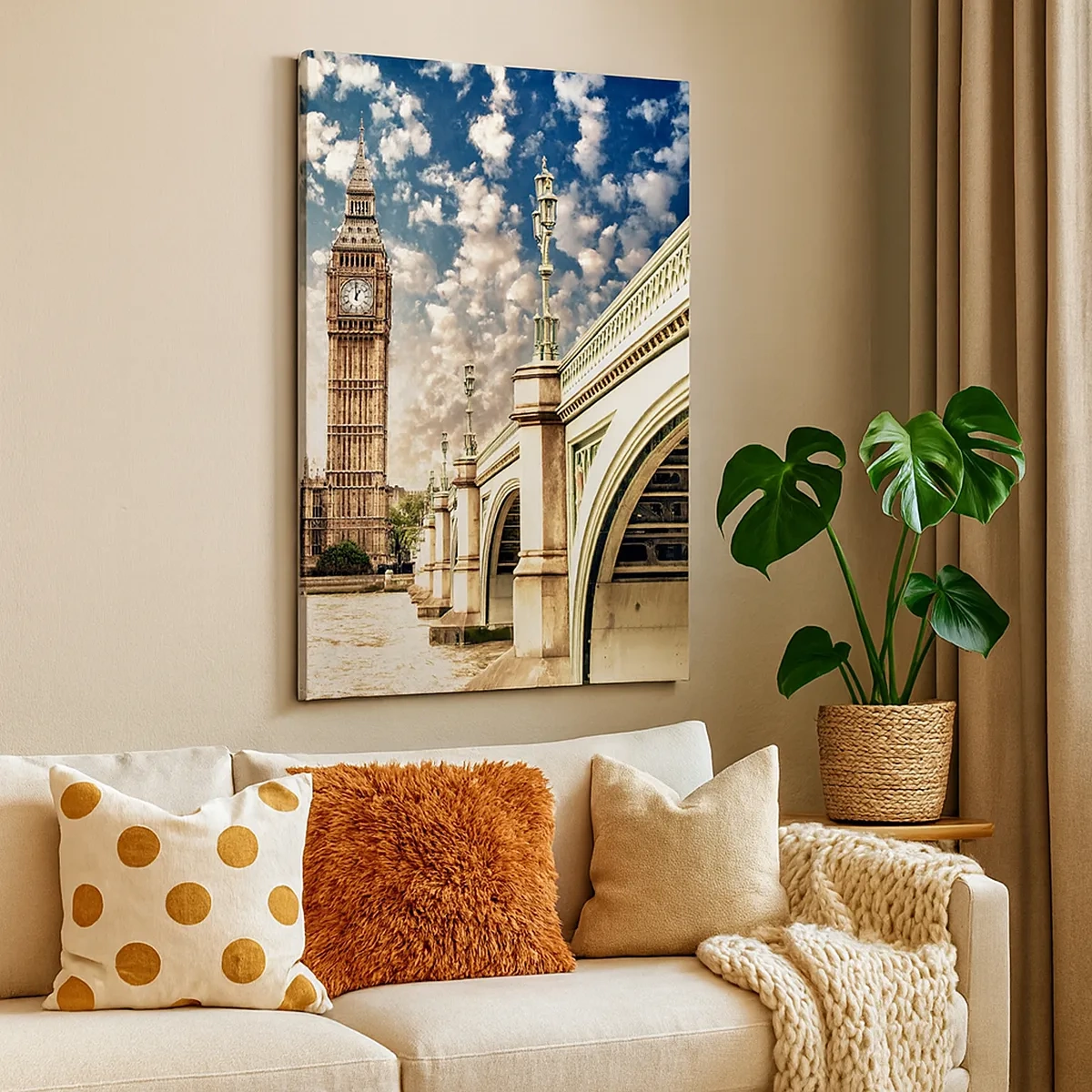 Cuadro sobre lienzo - Impresión de Imagen - El Big Ben y el puente de Westminster iluminados por el sol en Londres - 50x70cm - Nubes sobre el Támesis - Decoración de pared moderna para salón y dormitorio ARTTOR