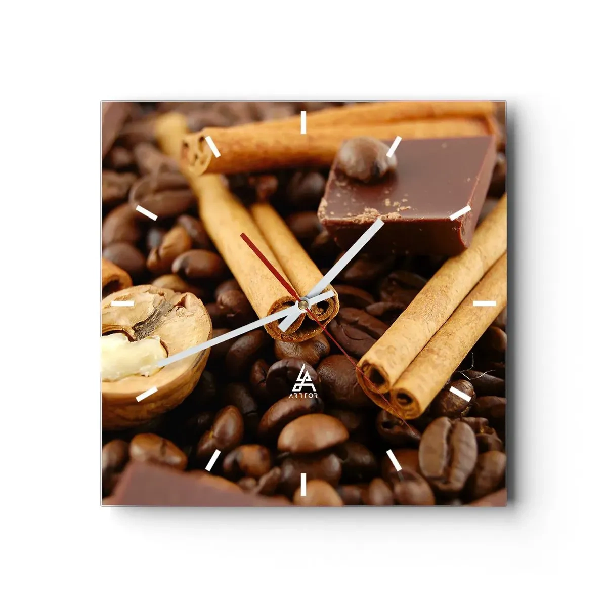 Reloj de pared - Reloj de vidrio - Granos de café con ramas de canela, chocolate y nueces. - 30x30cm - Concierto de aromas - Decoración de pared moderna para salón y dormitorio ARTTOR