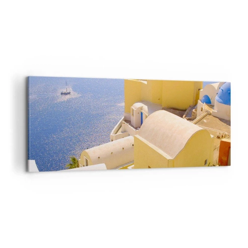 Cuadro sobre lienzo - Impresión de Imagen - Paisaje griego en blanco y azul - 100x40 cm