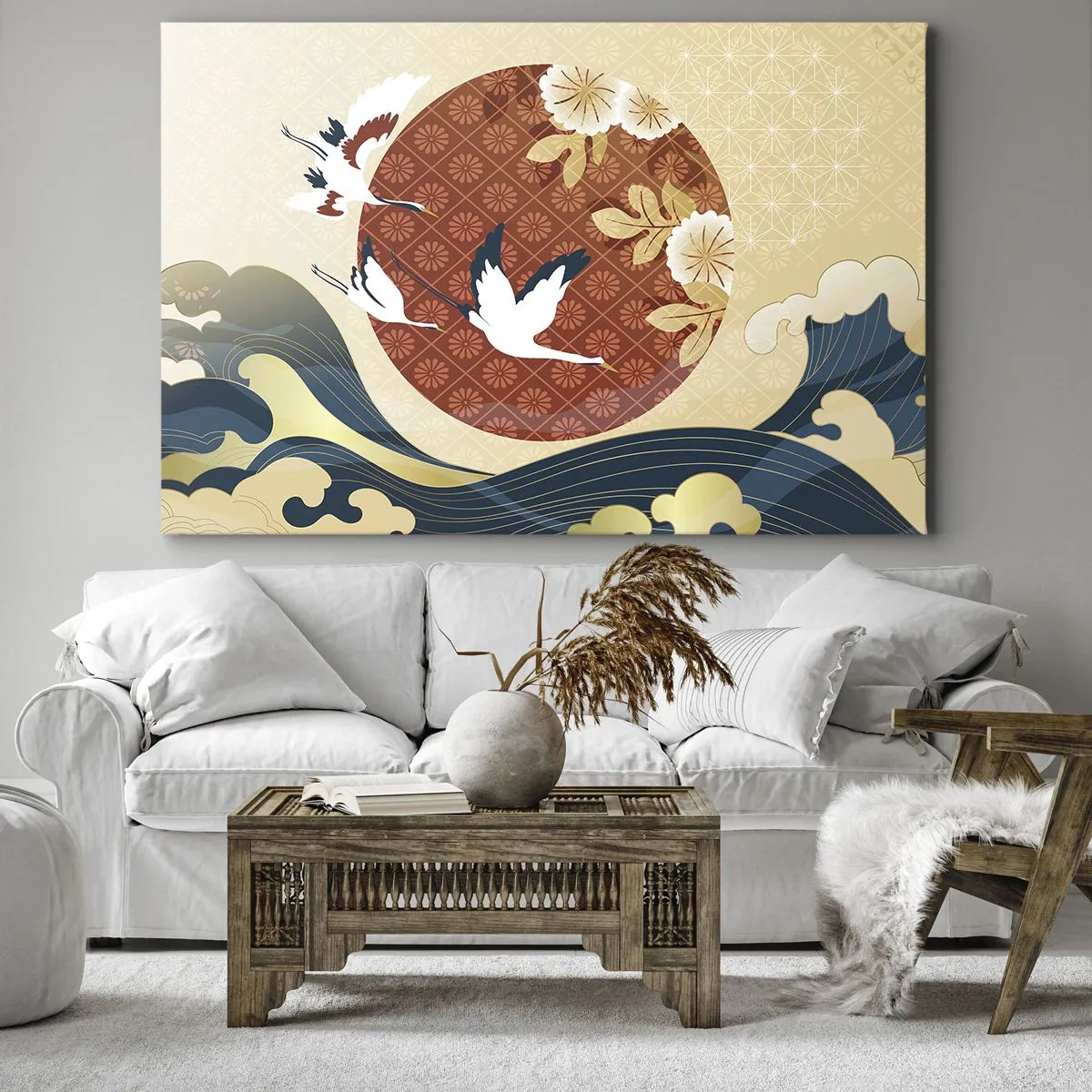 Cuadro sobre lienzo - Impresión de Imagen - Composición japonesa con grullas y olas. - 70x50cm - Un cuento de hadas japonés - Decoración de pared moderna para salón y dormitorio ARTTOR