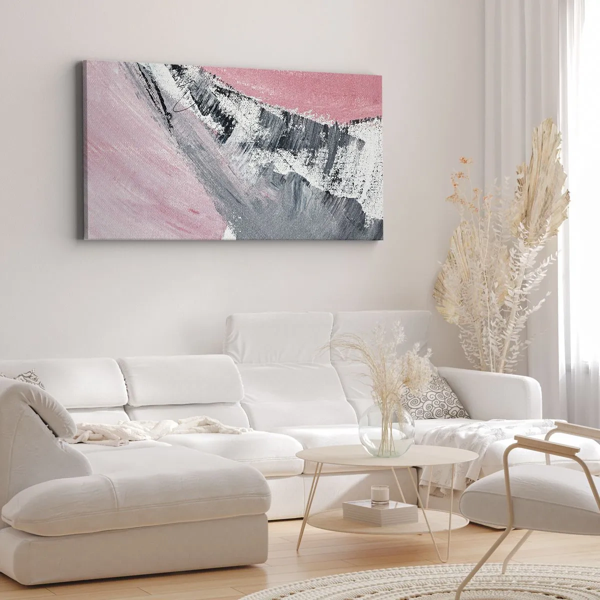 Cuadro sobre lienzo - Impresión de Imagen - Una composición abstracta en tonos rosa y gris. - 120x50cm - Composición a juego - Decoración de pared moderna para salón y dormitorio ARTTOR