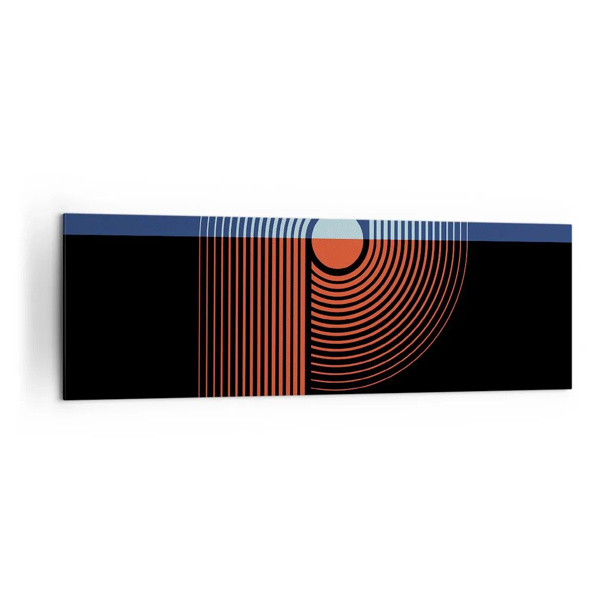 Cuadro sobre lienzo - Impresión de Imagen - Abstracción geométrica con líneas en azul marino y naranja. - 160x50cm - En un abrazo geométrico - Decoración de pared moderna para salón y dormitorio ARTTOR