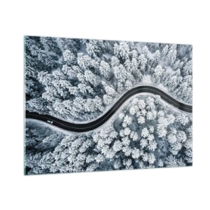 Cuadro sobre vidrio - Impresiones sobre Vidrio - Un camino sinuoso a través de un bosque invernal visto desde un dron. - 100x70cm - A través de un bosque invernal - Decoración de pared moderna para salón y dormitorio ARTTOR