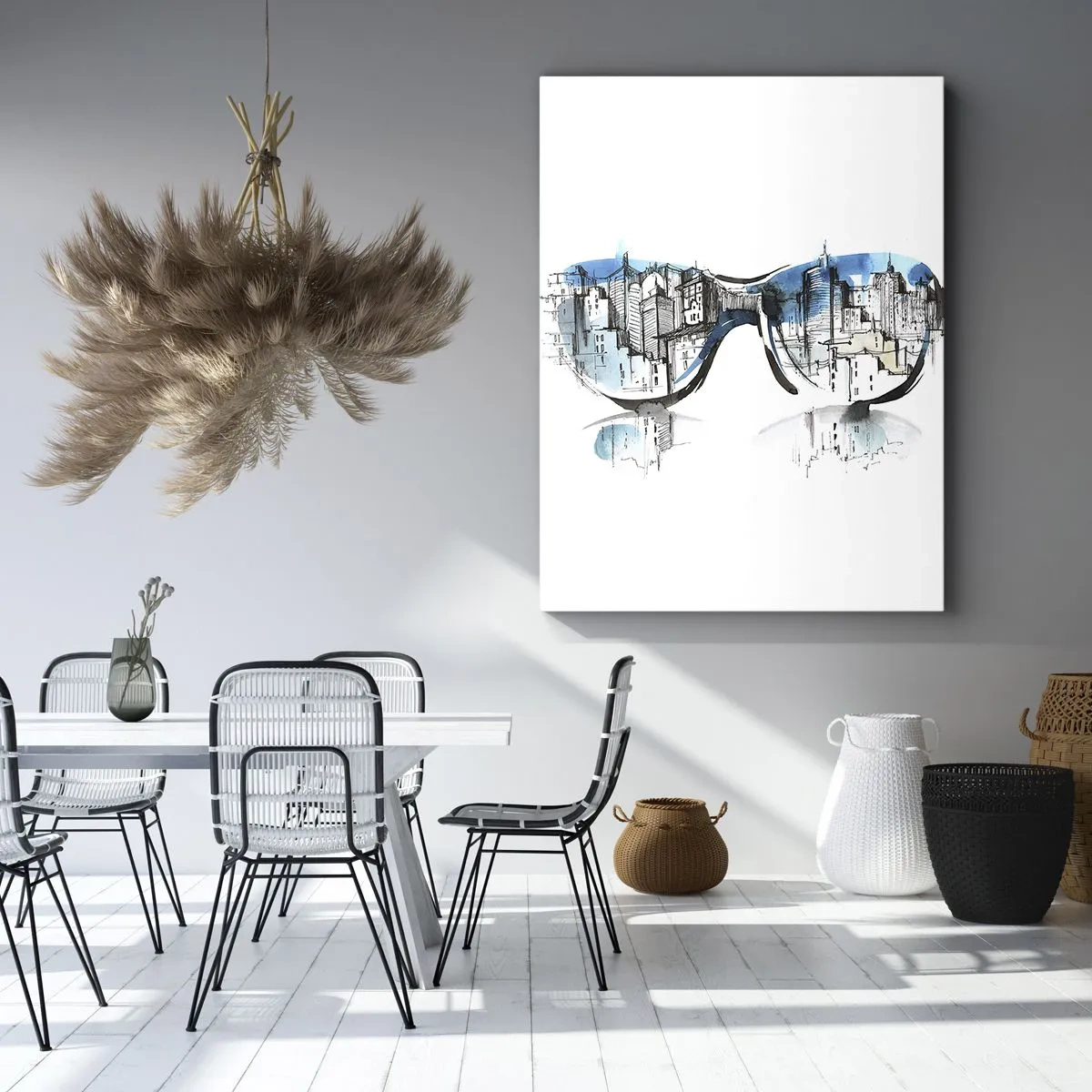 Cuadro sobre lienzo - Impresión de Imagen - Acuarela del panorama de la ciudad reflejado en las gafas. - 70x100cm - La elegancia de la gran ciudad - Decoración de pared moderna para salón y dormitorio ARTTOR