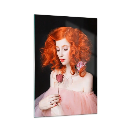 Cuadro sobre vidrio - Impresiones sobre Vidrio - Una mujer con cabello rojo sosteniendo una rosa. - 70x100cm - En estilo barroco - Decoración de pared moderna para salón y dormitorio ARTTOR