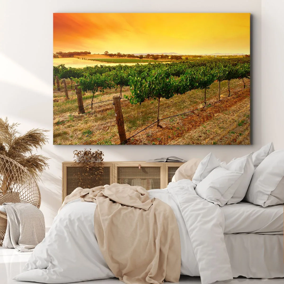 Cuadro sobre lienzo - Impresión de Imagen - Vides en una plantación al atardecer dorado - 100x70cm - Un trago del sol - Decoración de pared moderna para salón y dormitorio ARTTOR