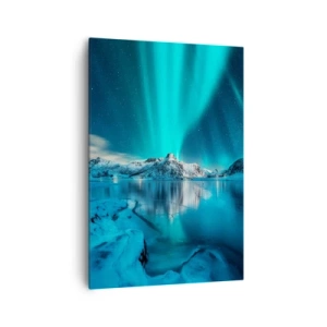 Cuadro sobre lienzo - Impresión de Imagen - Aurora boreal sobre montañas nevadas y un lago - 70x100cm - Una noche de luz - Decoración de pared moderna para salón y dormitorio ARTTOR