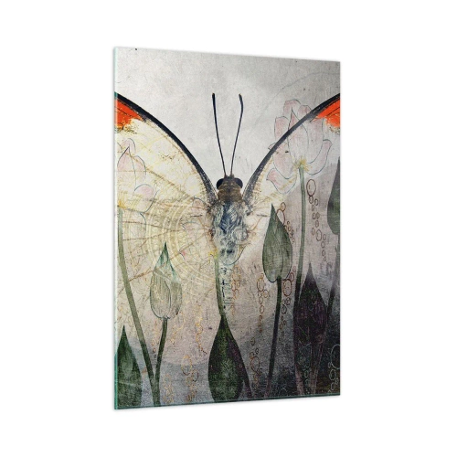 Cuadro sobre vidrio - Impresiones sobre Vidrio - Una mariposa artística rodeada de delicadas flores sobre un fondo gris. - 50x70cm - Donde la mariposa se mece en la hierba - Decoración de pared moderna para salón y dormitorio ARTTOR