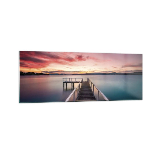 Cuadro sobre vidrio - Impresiones sobre Vidrio - Un embarcadero que conduce a un lago tranquilo al atardecer. - 140x50cm - La suave llama del atardecer - Decoración de pared moderna para salón y dormitorio ARTTOR