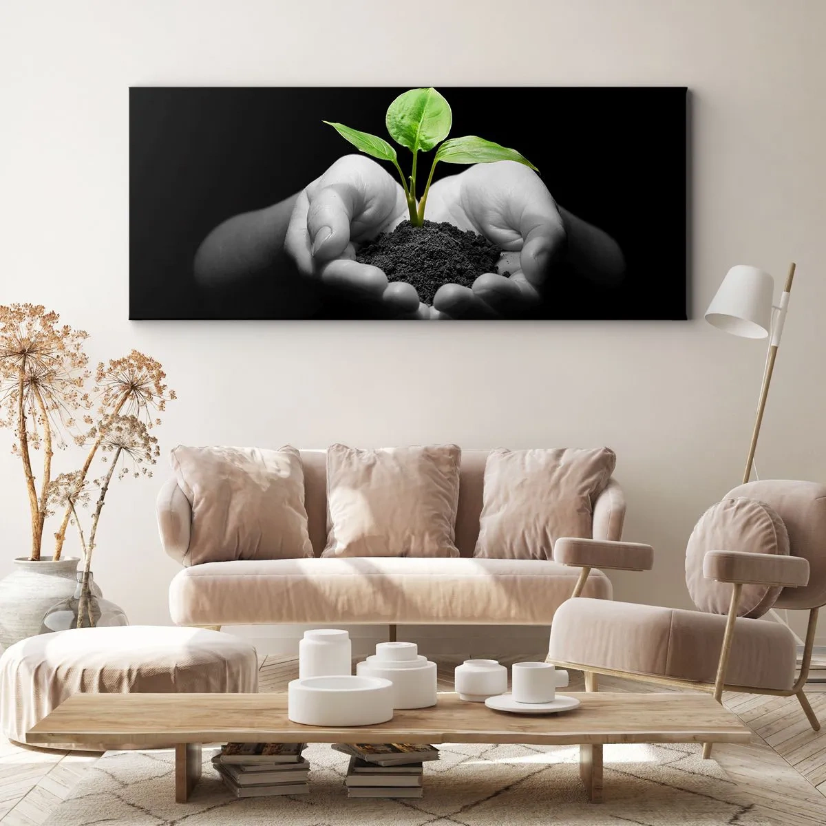 Cuadro sobre lienzo - Impresión de Imagen - Manos sosteniendo una planta verde sobre un fondo negro - 160x50cm - Amo la naturaleza, la protejo - Decoración de pared moderna para salón y dormitorio ARTTOR