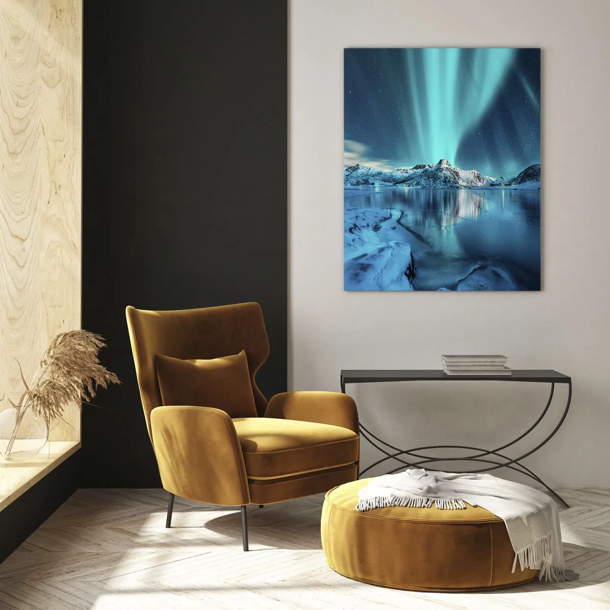 Cuadro sobre vidrio - Impresiones sobre Vidrio - Aurora boreal sobre las montañas nevadas - 50x70cm - Una noche de luz - Decoración de pared moderna para salón y dormitorio ARTTOR