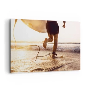 Cuadro sobre lienzo - Impresión de Imagen - Un surfista corre por la playa con su tabla bajo el sol. - 100x70cm - Para enfrentar la ola - Decoración de pared moderna para salón y dormitorio ARTTOR