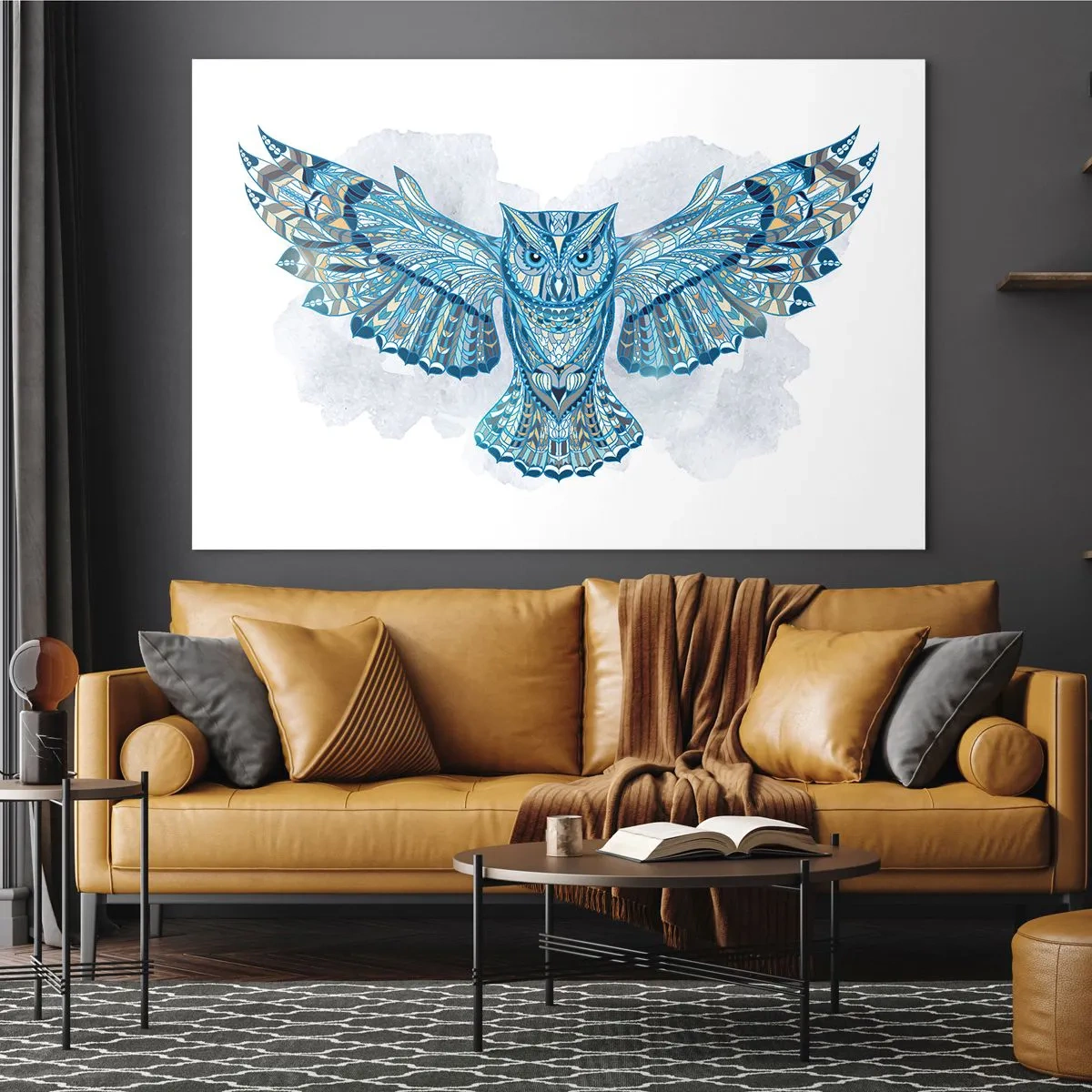 Cuadro sobre vidrio - Impresiones sobre Vidrio - Búho azul con alas extendidas en estilo geométrico - 70x50cm - De una arboleda sagrada celta - Decoración de pared moderna para salón y dormitorio ARTTOR