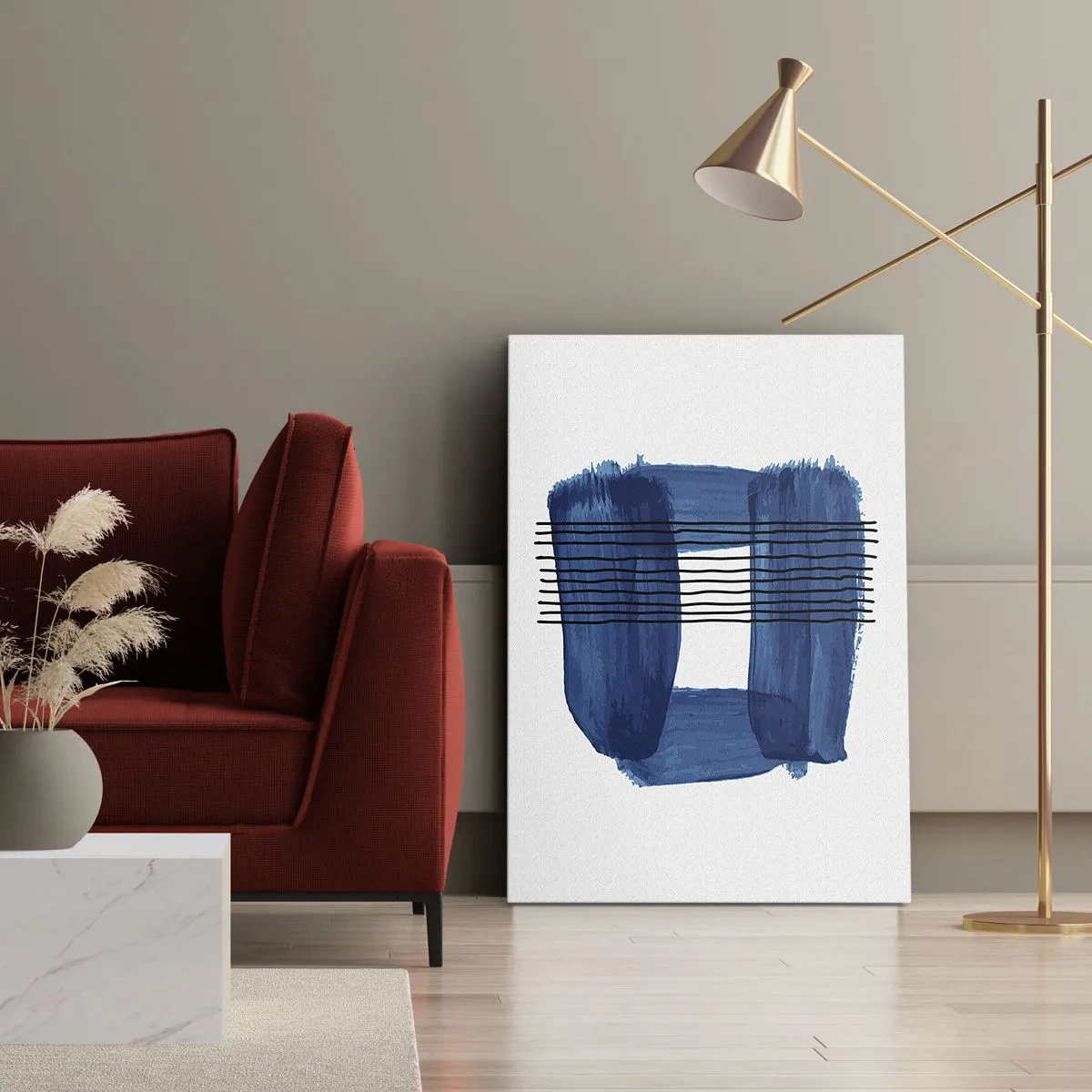 Cuadro sobre lienzo - Impresión de Imagen - Patrón abstracto en tonos azules con líneas negras. - 50x70cm - Composición azul y negra - Decoración de pared moderna para salón y dormitorio ARTTOR