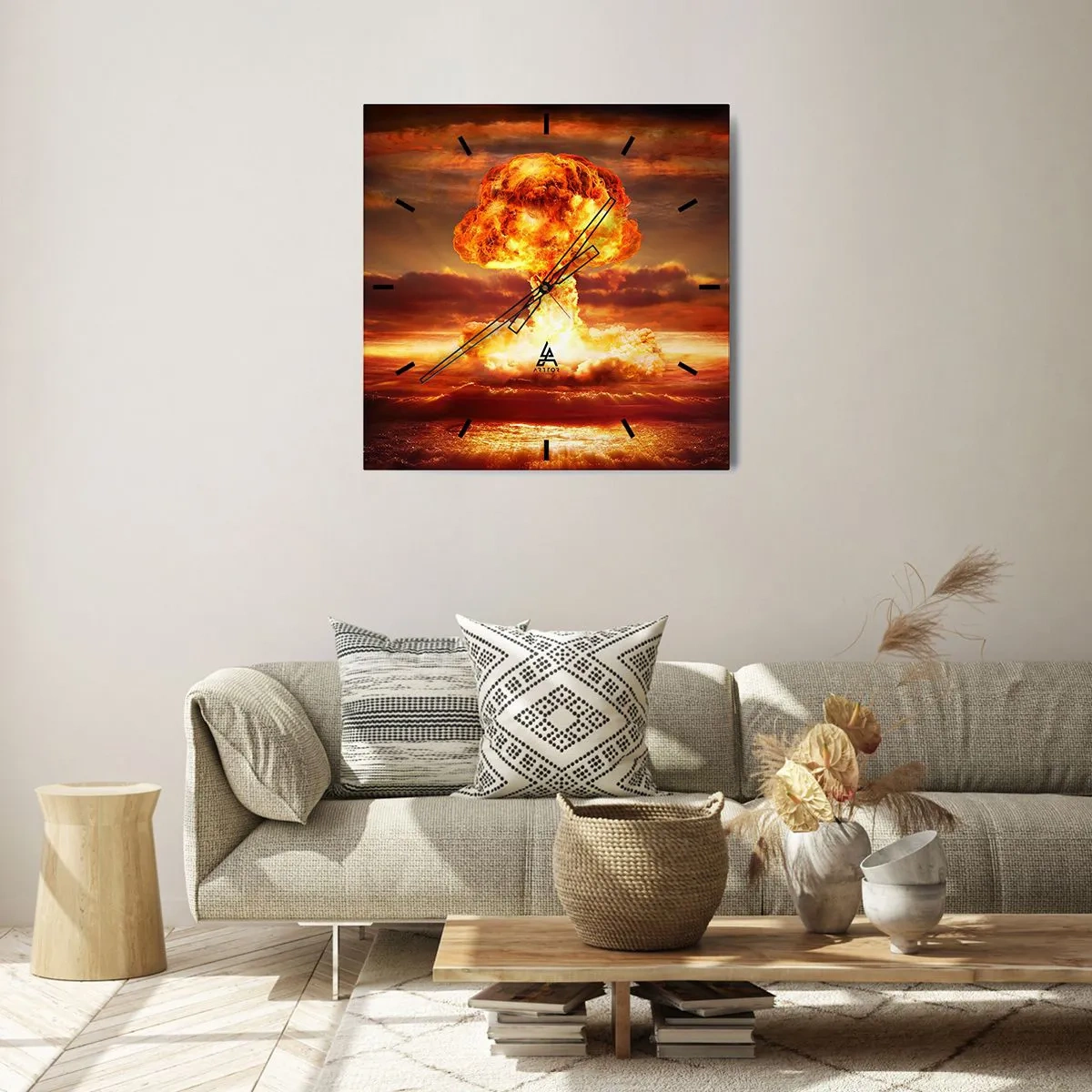 Reloj de pared - Reloj de vidrio - Explosión de una nube de hongo con el atardecer como telón de fondo - 30x30cm - Y habrá un final - Decoración de pared moderna para salón y dormitorio ARTTOR